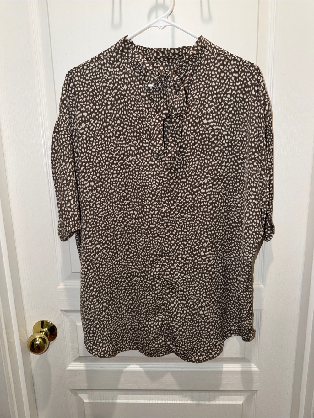SHEIN Brown and Cream Dot Print Tie-Neck Blouse